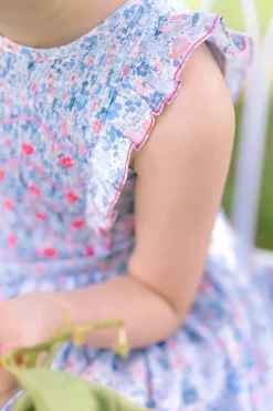 Marguerite Floral Blue Frilled Sleeveless Smocked Dress