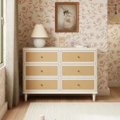 Marin with Cane 6 Drawer Assembled Dresser in Warm White & Honey Cane