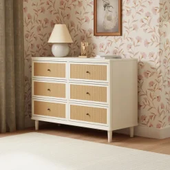 Marin with Cane 6 Drawer Assembled Dresser in Warm White & Honey Cane
