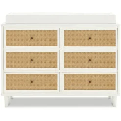 Marin with Cane 6 Drawer Assembled Dresser in Warm White & Honey Cane