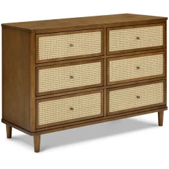Marin with Cane 6 Drawer Assembled Dresser in Natural Walnut & Blonde Cane