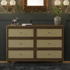 Marin with Cane 6 Drawer Assembled Dresser in Natural Walnut & Blonde Cane