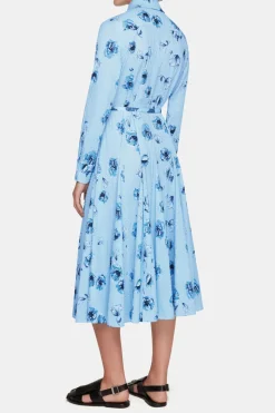 Marion Dress In Blue Poppies On Baby Pink Bibione Cotton