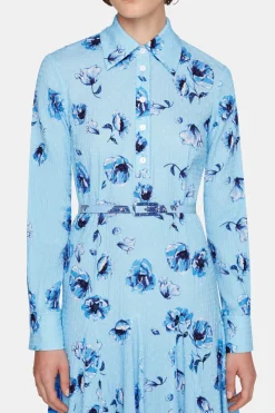 Marion Dress In Blue Poppies On Baby Pink Bibione Cotton