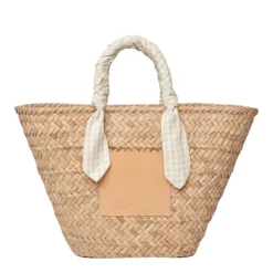 Marlow Straw Scarf Tote Bag in Beige Gingham