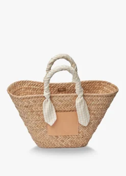 Marlow Straw Scarf Tote Bag in Beige Gingham