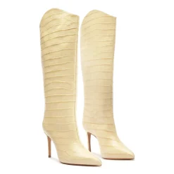 Maryana Wide Crocodile-Embossed Leather Boot in Beige