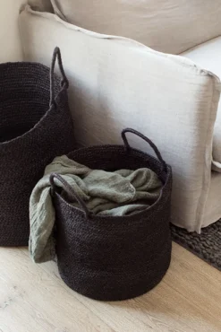 Medium Braided Raffia Basket Black