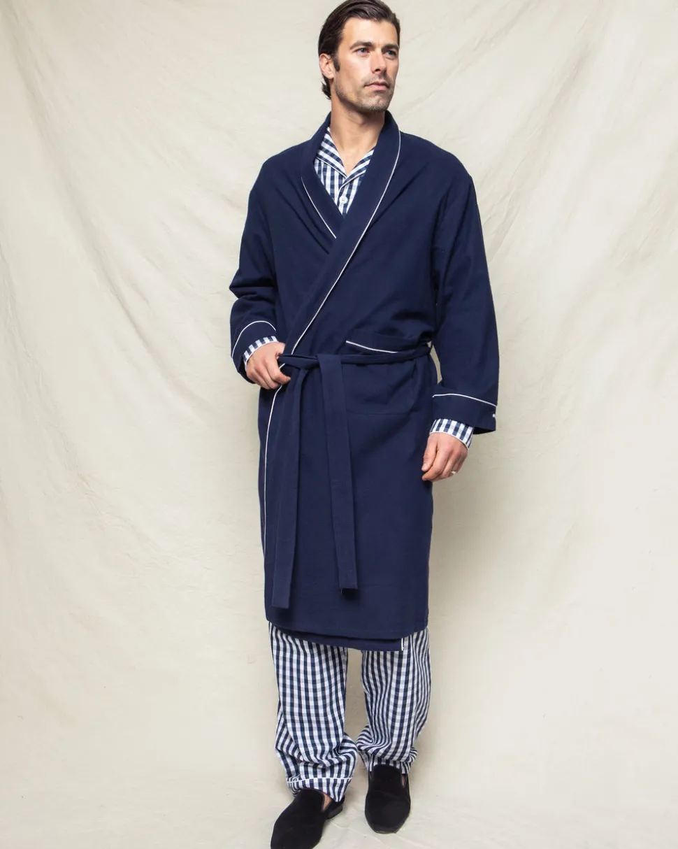 Men’s Navy Flannel Robe with White Piping