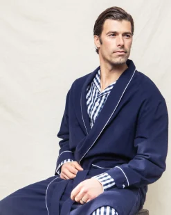 Men’s Navy Flannel Robe with White Piping