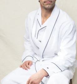 Men’s White Flannel Robe with Navy Piping