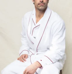 Men’s White Flannel Robe with Red Piping