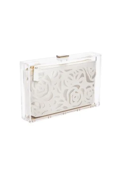 Mia Acrylic Clutch with Ivory Laser Cut Rose
