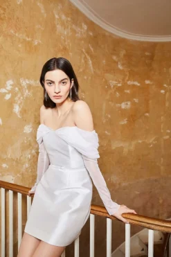 Mia White Silk Mini Dress With Neckline Drape