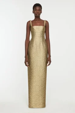 Micheline Dress in Gold Metallic Seersucker
