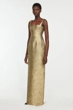 Micheline Dress in Gold Metallic Seersucker