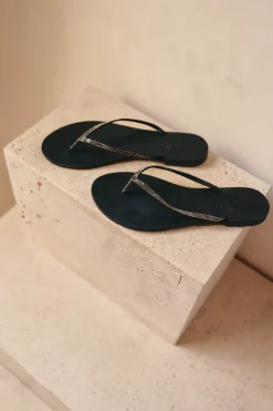 Milos Vegetable Tanned Leather Sandal in Black Crystal