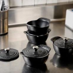 Mini Round Cocotte 1/3 QT in Matte Black with Sterling Silver Knobs, Set of 4