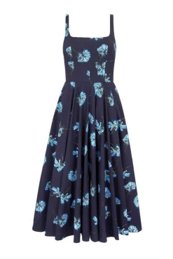 Mona Dress with Blue Flowers on Navy Cotton