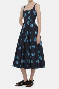 Mona Dress with Blue Flowers on Navy Cotton