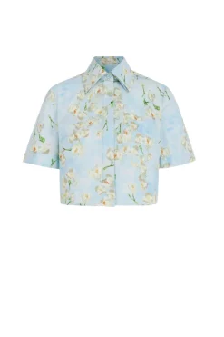 Natalie Cropped Shirt In Little Lillies On Blue Floral Print Cotton Poplin