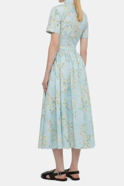 Natalie Cropped Shirt In Little Lillies On Blue Floral Print Cotton Poplin