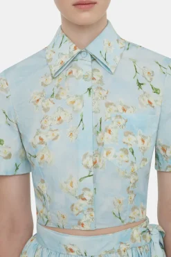 Natalie Cropped Shirt In Little Lillies On Blue Floral Print Cotton Poplin