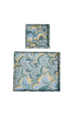 Nesting Scalloped Hand-Marbled Trays in Blue