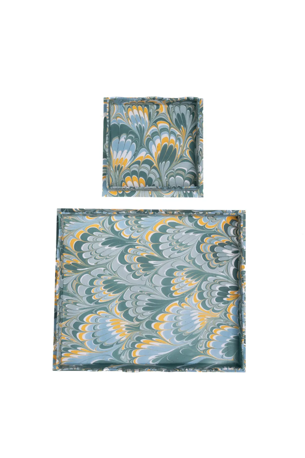 Nesting Scalloped Hand-Marbled Trays in Blue