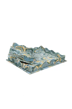 Nesting Scalloped Hand-Marbled Trays in Blue