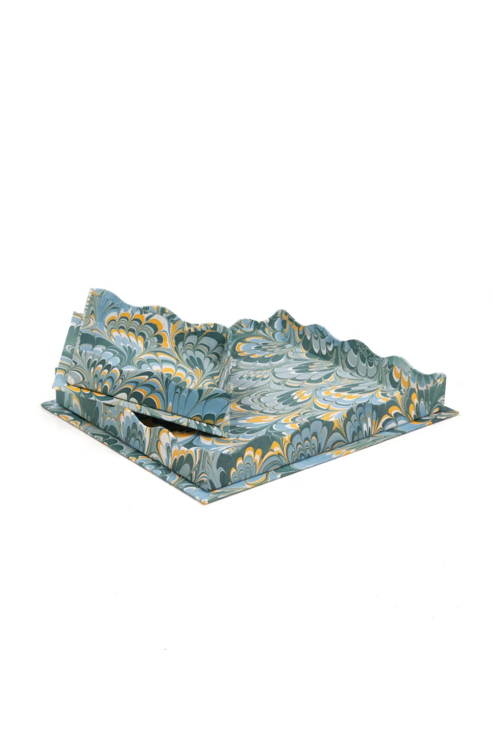 Nesting Scalloped Hand-Marbled Trays in Blue