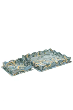 Nesting Scalloped Hand-Marbled Trays in Blue