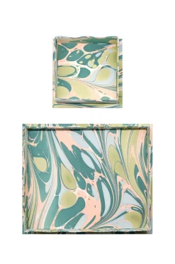 Nesting Scalloped Hand-Marbled Trays in Green & Pink