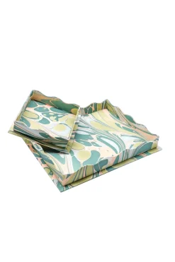 Nesting Scalloped Hand-Marbled Trays in Green & Pink