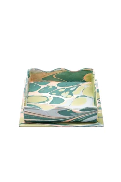 Nesting Scalloped Hand-Marbled Trays in Green & Pink