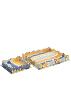 Nesting Scalloped Hand-Marbled Trays in Golden Blue