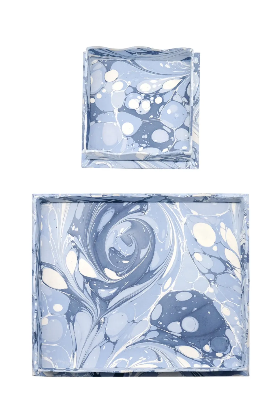 Nesting Scalloped Hand-Marbled Trays in Ocean Wave