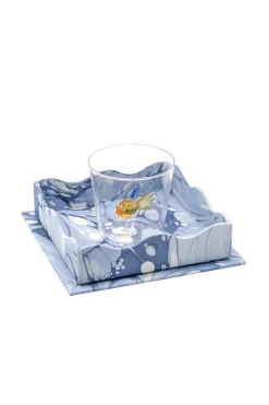 Nesting Scalloped Hand-Marbled Trays in Ocean Wave