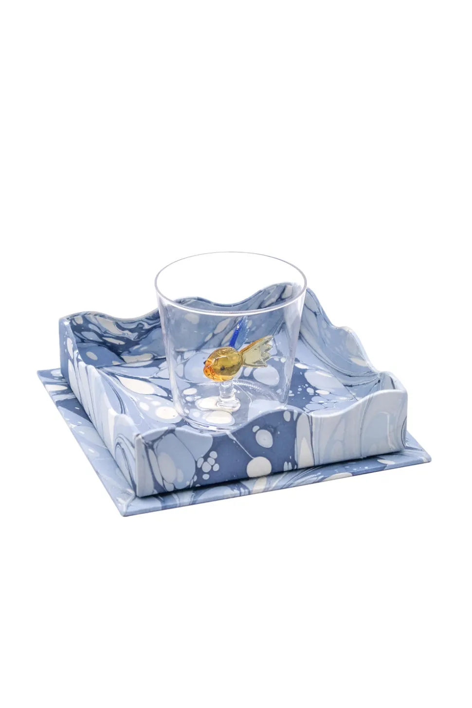 Nesting Scalloped Hand-Marbled Trays in Ocean Wave