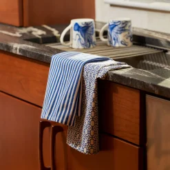 Newport Garden Gate & Pinstripe Blue Kitchen Towels, Mixed Set of 2