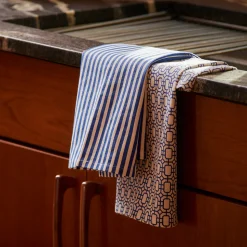 Newport Garden Gate & Pinstripe Blue Kitchen Towels, Mixed Set of 2
