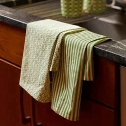 Newport Garden Gate & Pinstripe Verde Kitchen Towels, Mixed Set of 2