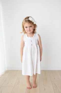 Noa White Cotton Dress with Red Rosebud Embroidery