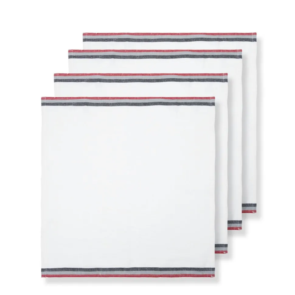 Normandy White Napkins in Red, Grey, & Black Stripes, Set of 4