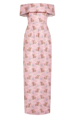 OTM Exclusive: Clover Pink Floral Ikat Off-The-Shoulder Collar Column Gown With Back Slit