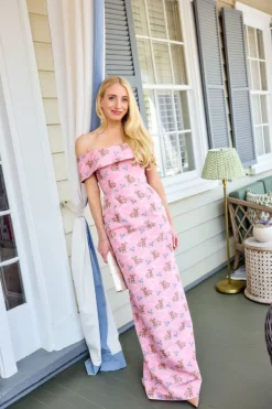 OTM Exclusive: Clover Pink Floral Ikat Off-The-Shoulder Collar Column Gown With Back Slit