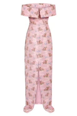 OTM Exclusive: Clover Pink Floral Ikat Off-The-Shoulder Collar Column Gown With Back Slit