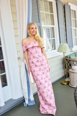 OTM Exclusive: Clover Pink Floral Ikat Off-The-Shoulder Collar Column Gown With Back Slit