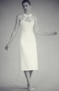 OTM Exclusive: Delphine Dress in Ivory Silk Wool with Ivory Meadow Embellishment