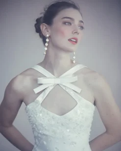 OTM Exclusive: Delphine Dress in Ivory Silk Wool with Ivory Meadow Embellishment